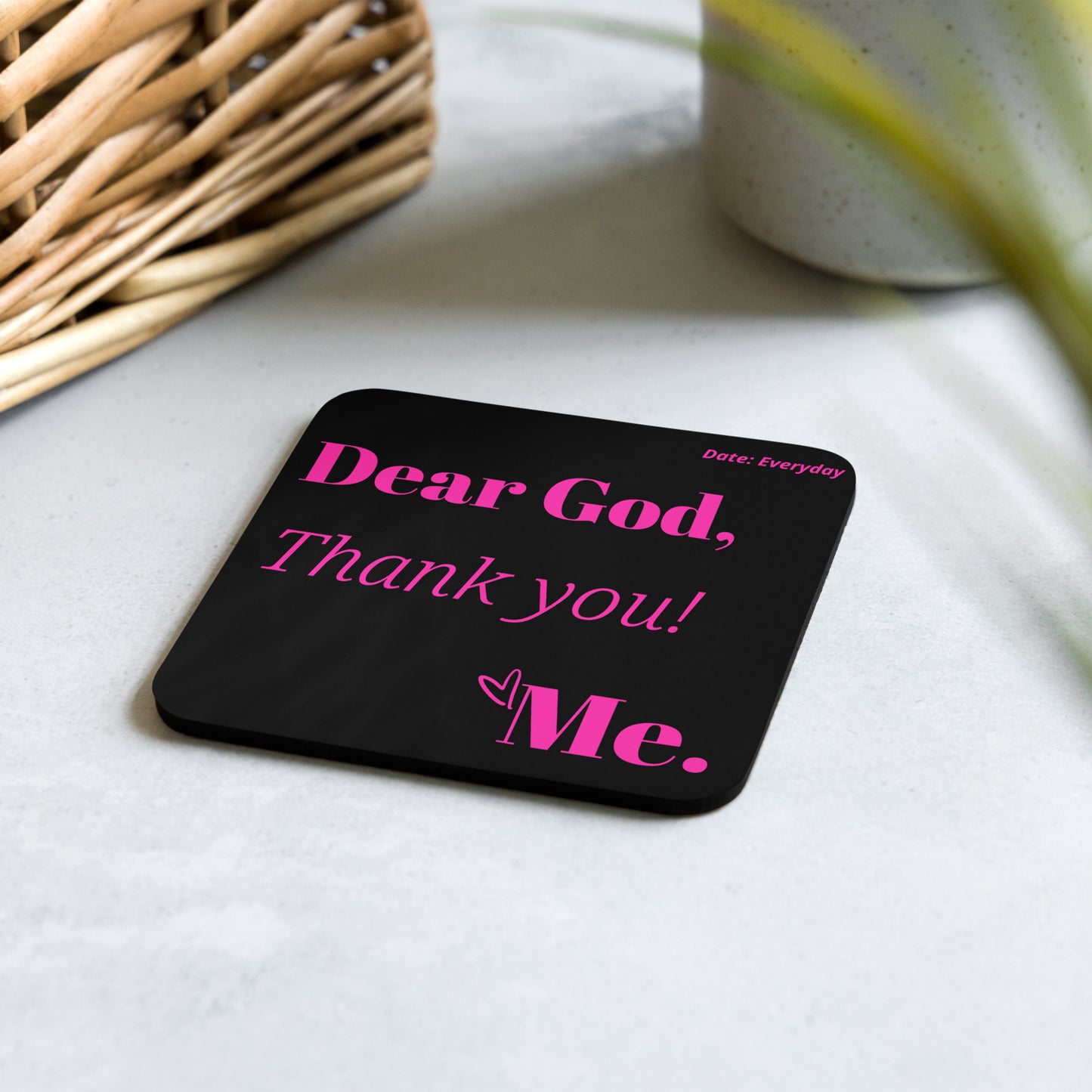 Dear God cork back coaster - Hot pink/black