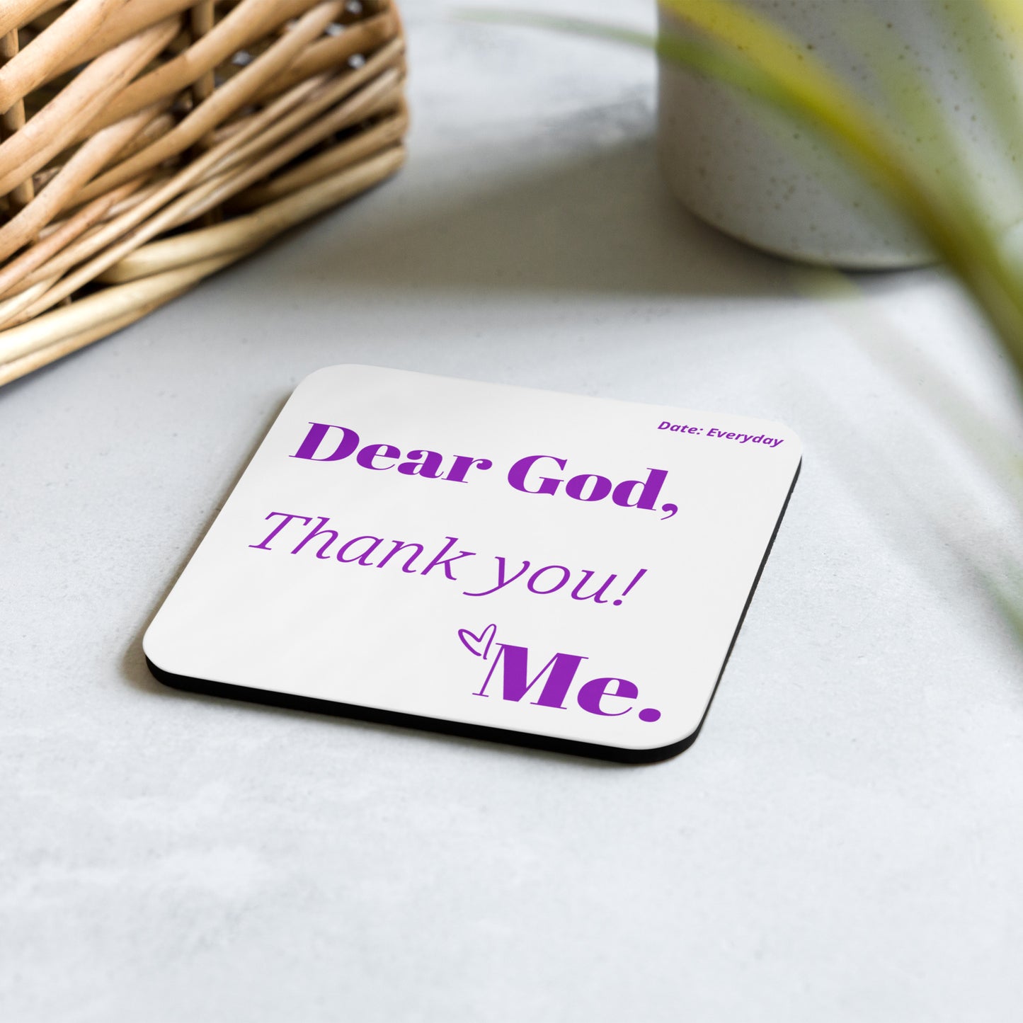 Dear God cork back coaster - White/Purple
