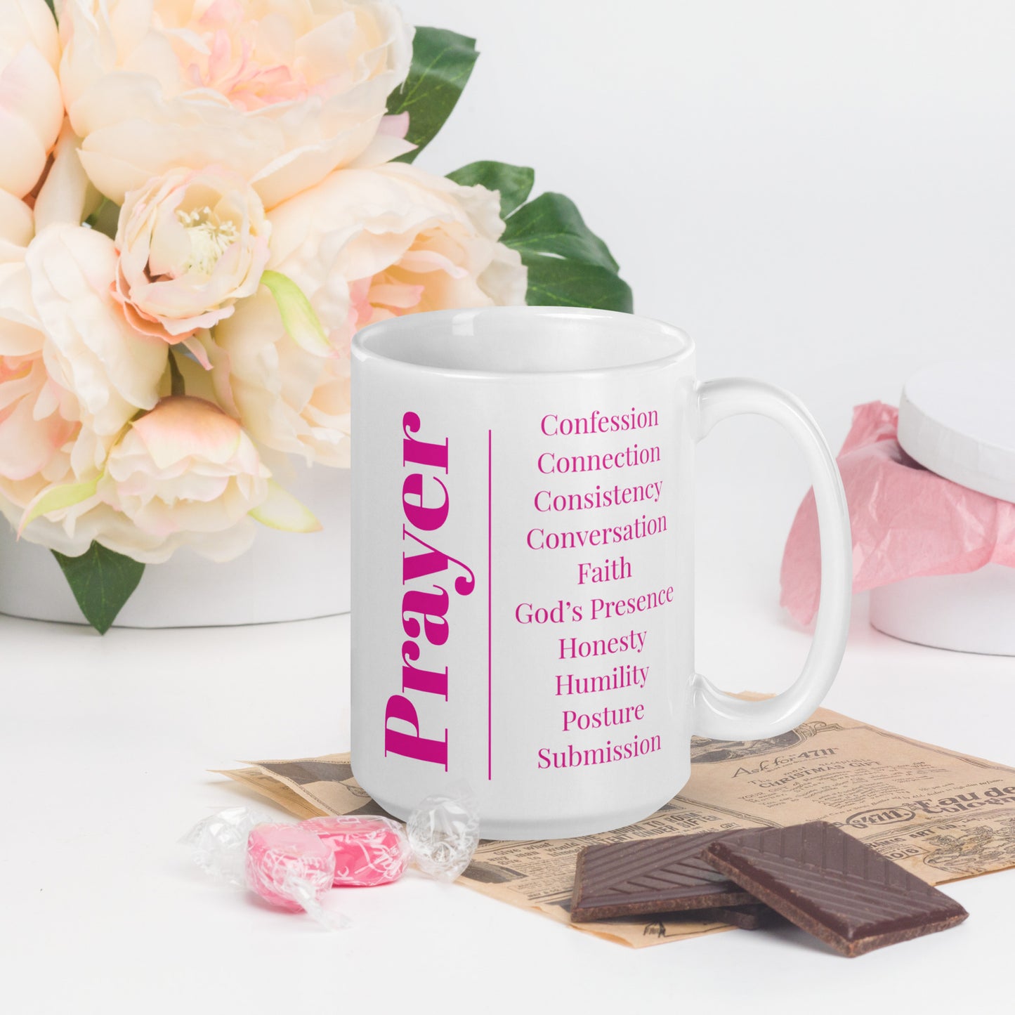 Prayer glossy ceramic mug - Berry Pink/White