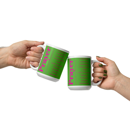 Mug - Prayer, glossy ceramic - Pink/Green/White