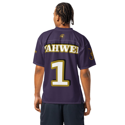 Back view of Yahweh Christian football jersey featuring purple, black, gold, and white colors with YAHWEH and number 1.