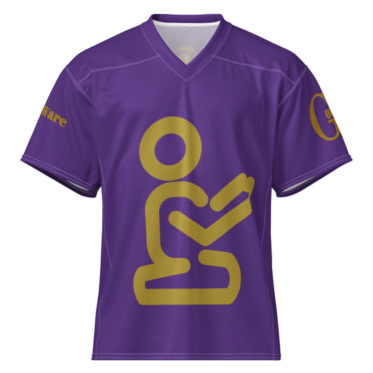 Yahweh Christian football jersey in purple with gold praying figure and GodWare branding.