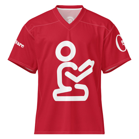Yahweh Christian football jersey in red with white praying figure and GodWare branding.