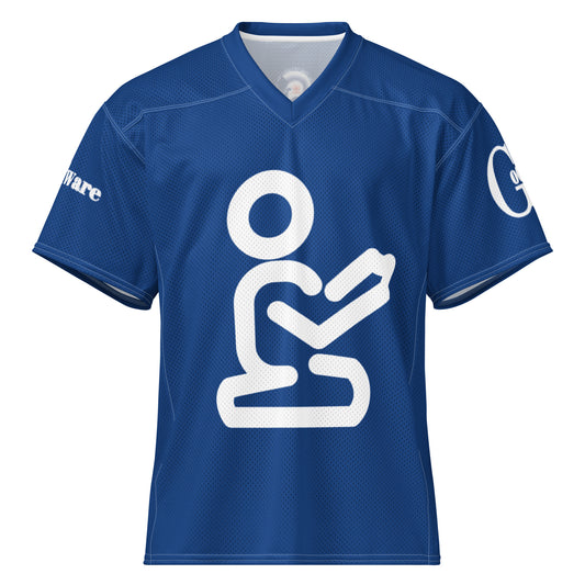 Yahweh Christian football jersey in royal blue featuring a white praying figure and GodWare branding.
