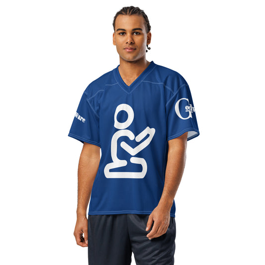 Christian football jersey in royal blue with white praying figure design and GodWare branding.