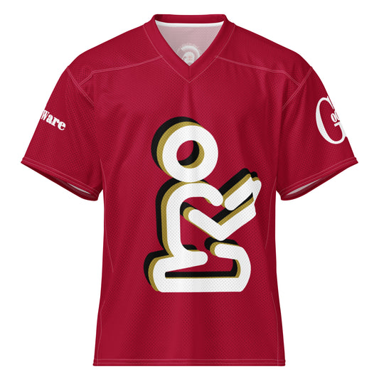 Yahweh Christian football jersey in red featuring a white praying figure and GodWare branding.