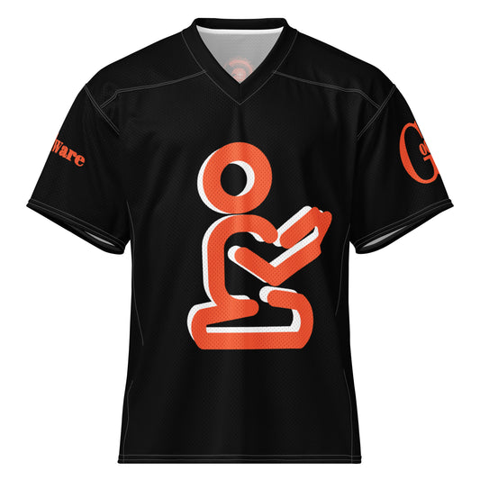 Yahweh Christian football jersey in dark orange on black featuring praying figure and GodWare branding.
