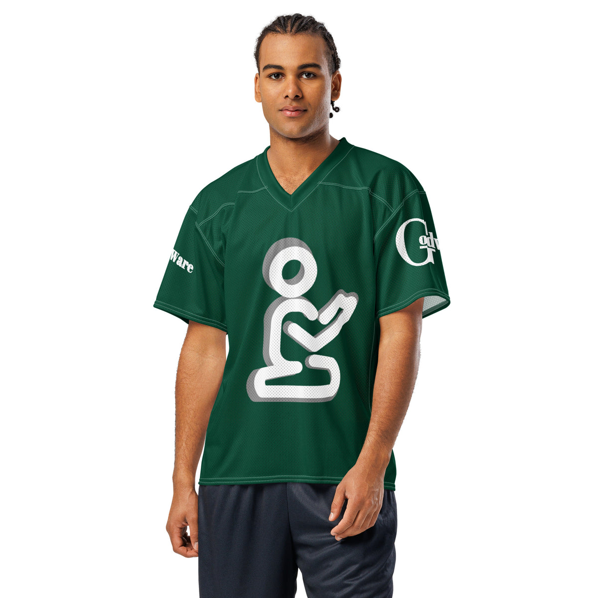 Green Christian football jersey featuring a white praying figure and GodWare branding.