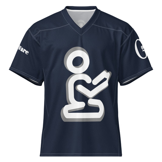 Front of navy blue Christian football jersey with white praying figure and gray shadow accents