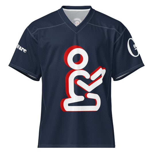 Front of navy blue Christian football jersey with white praying figure and red shadow accents