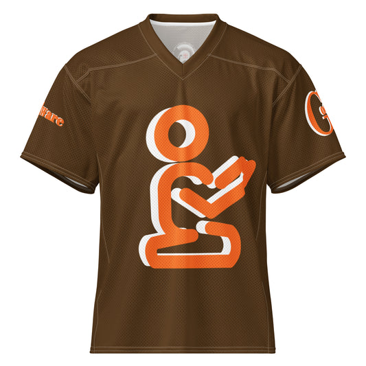 Yahweh Christian football jersey in orange and white on brown, showcasing a unique design for faith expression.