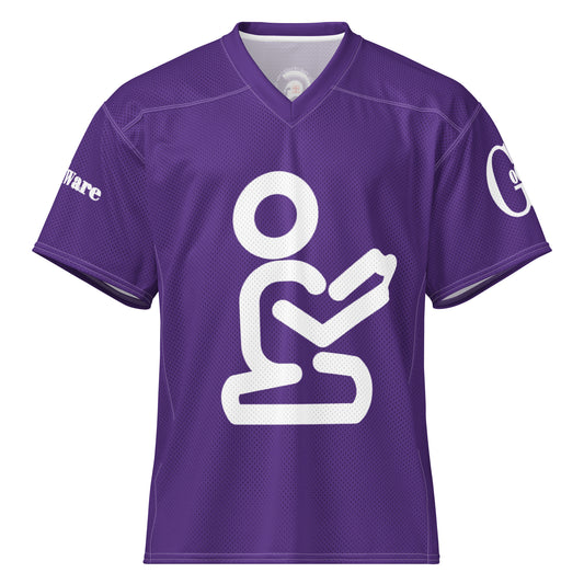 Yahweh Christian football jersey in purple and white with a praying figure graphic, perfect for warm-weather wear.