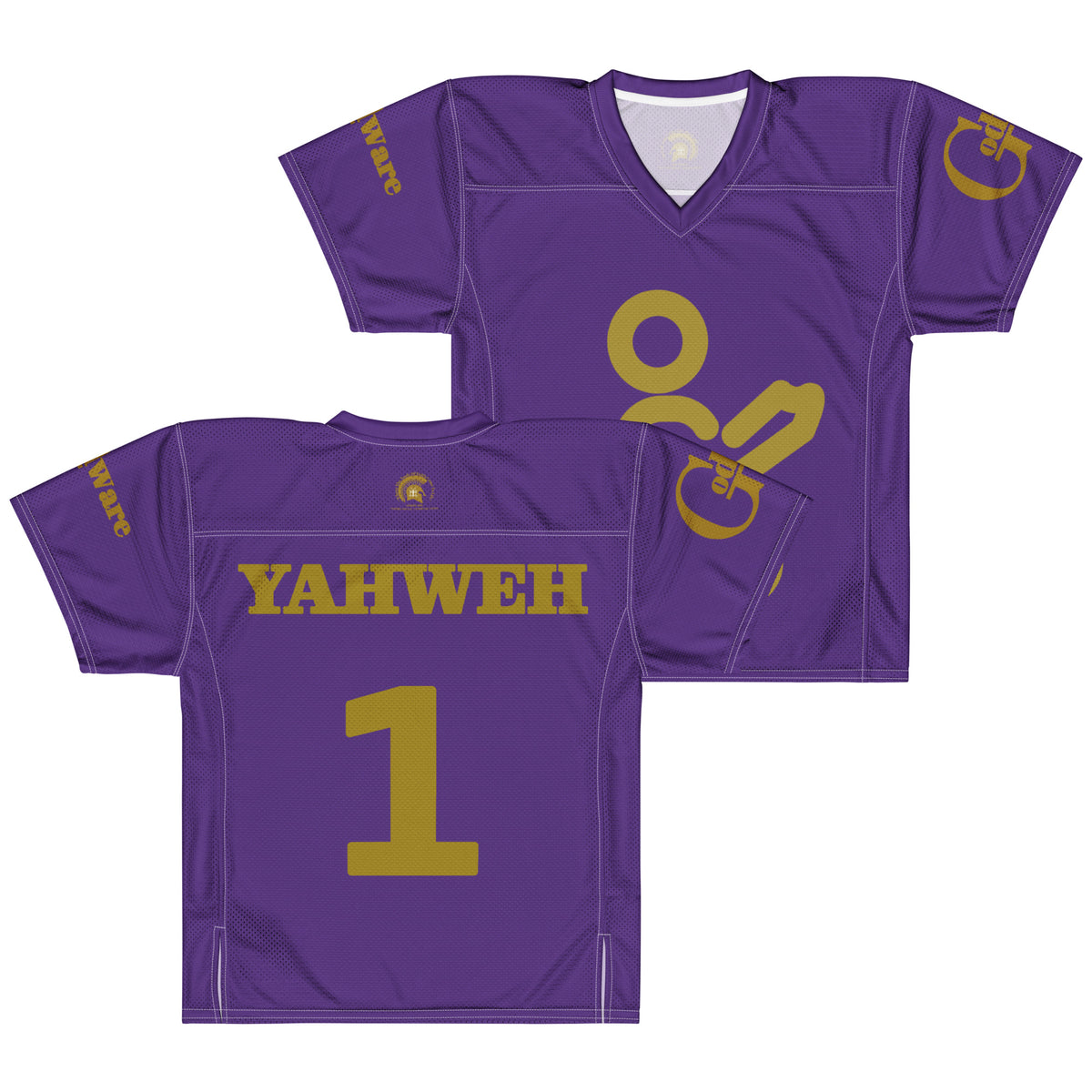 Yahweh Christian football jersey in purple and gold with praying figure and YAHWEH lettering.