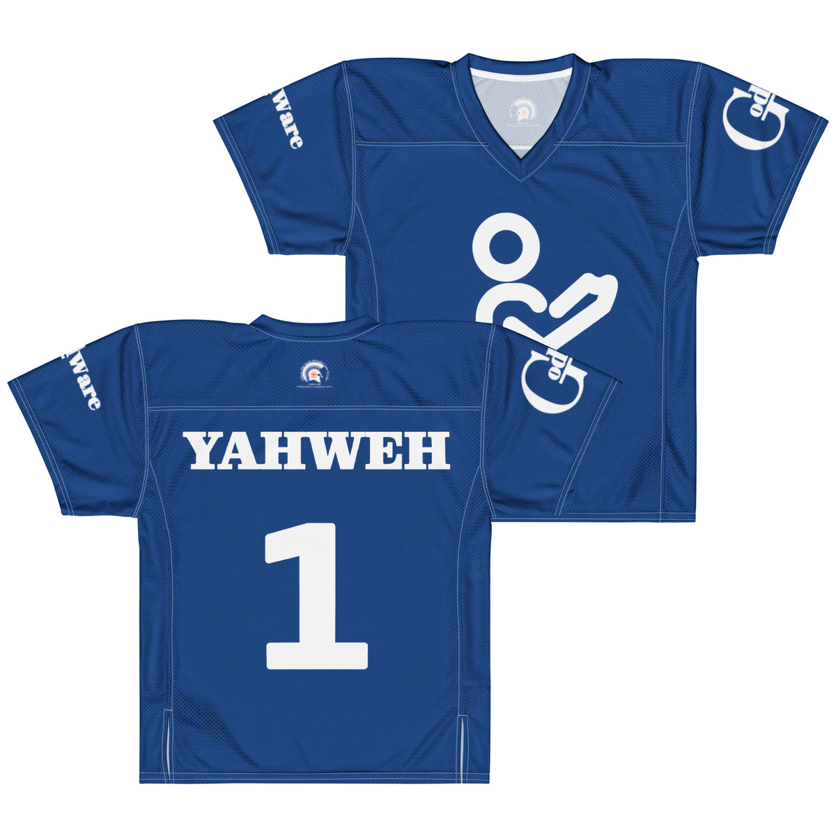 Yahweh Christian football jersey in royal blue and white with number 1 and logo, perfect for conveying faith.