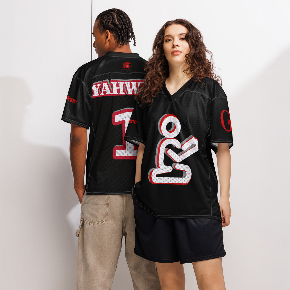 Yahweh Christian football jersey in black with red accents and white praying figure, ideal for game-day style.
