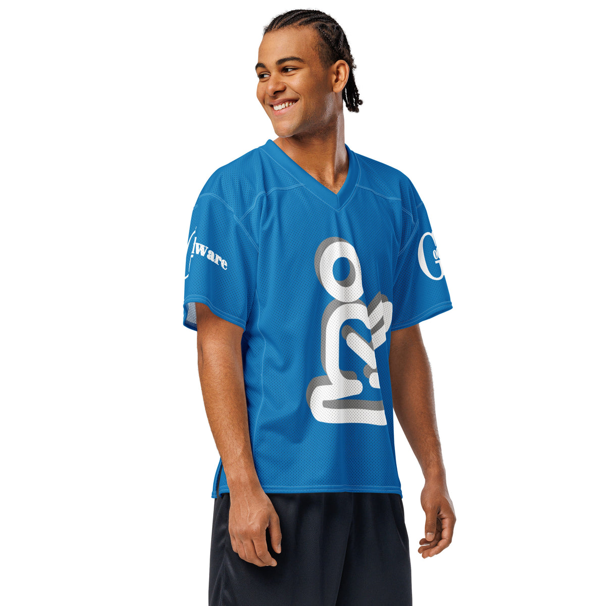 Yahweh Christian football jersey in medium blue with white praying figure, perfect for showcasing faith in sports.