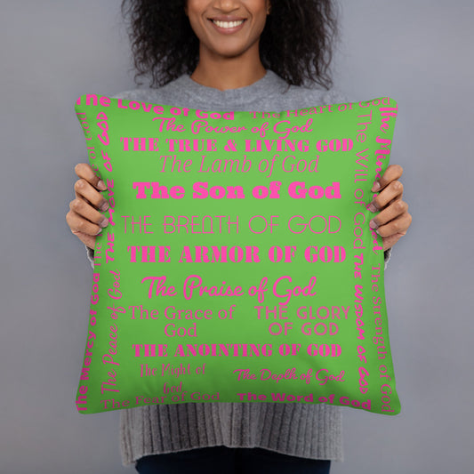 Attributes of God Fluffy Throw Pillow - Pink/Green