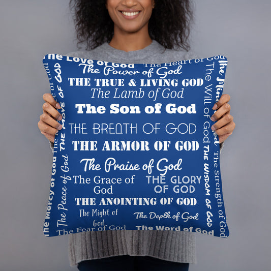Attributes of God Fluffy Throw Pillow - Royal blue