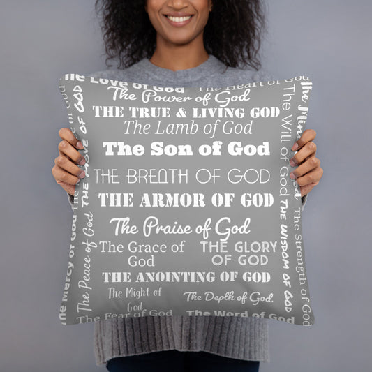 Attributes of God Fluffy Throw Pillow - Medium Grey