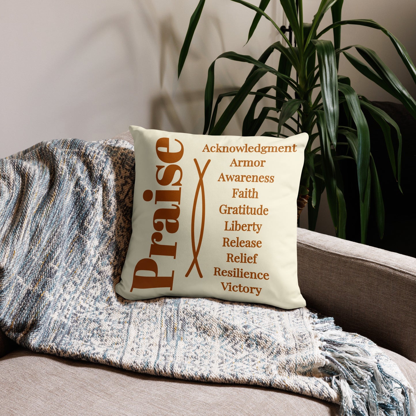 Praise inspirational square throw pillow - Earth/Cream
