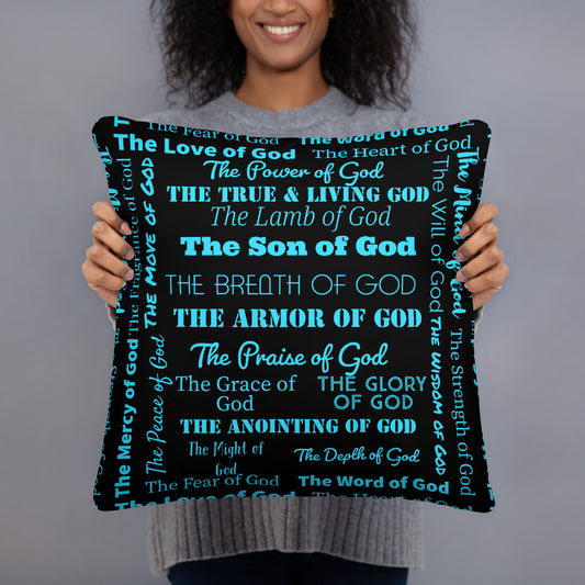 Attributes of God Fluffy Throw Pillow - Turquoise/Black