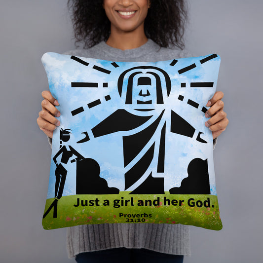 Woman smiling holding blue mid size pillow with woman with Proverbs 31 on it and Jesus image