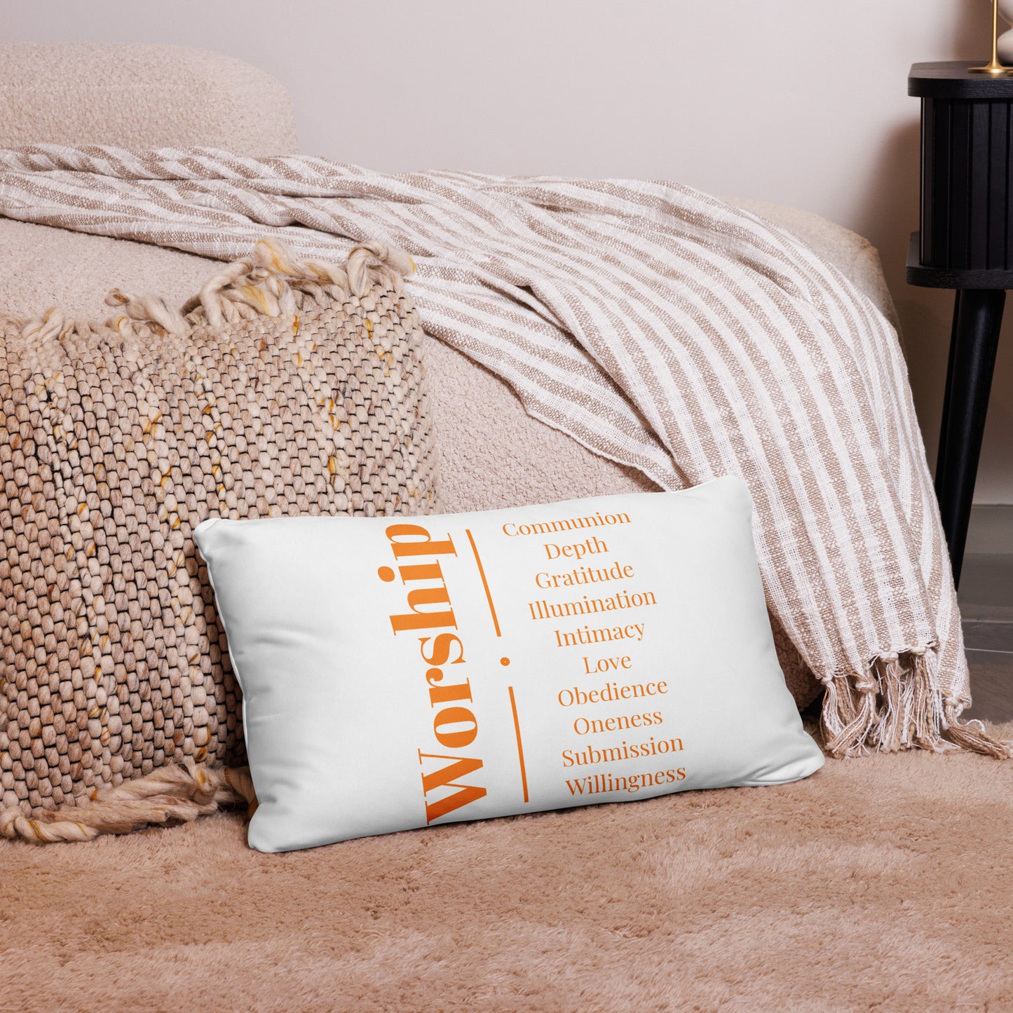 Worship inspirational square throw pillow - Orange/White