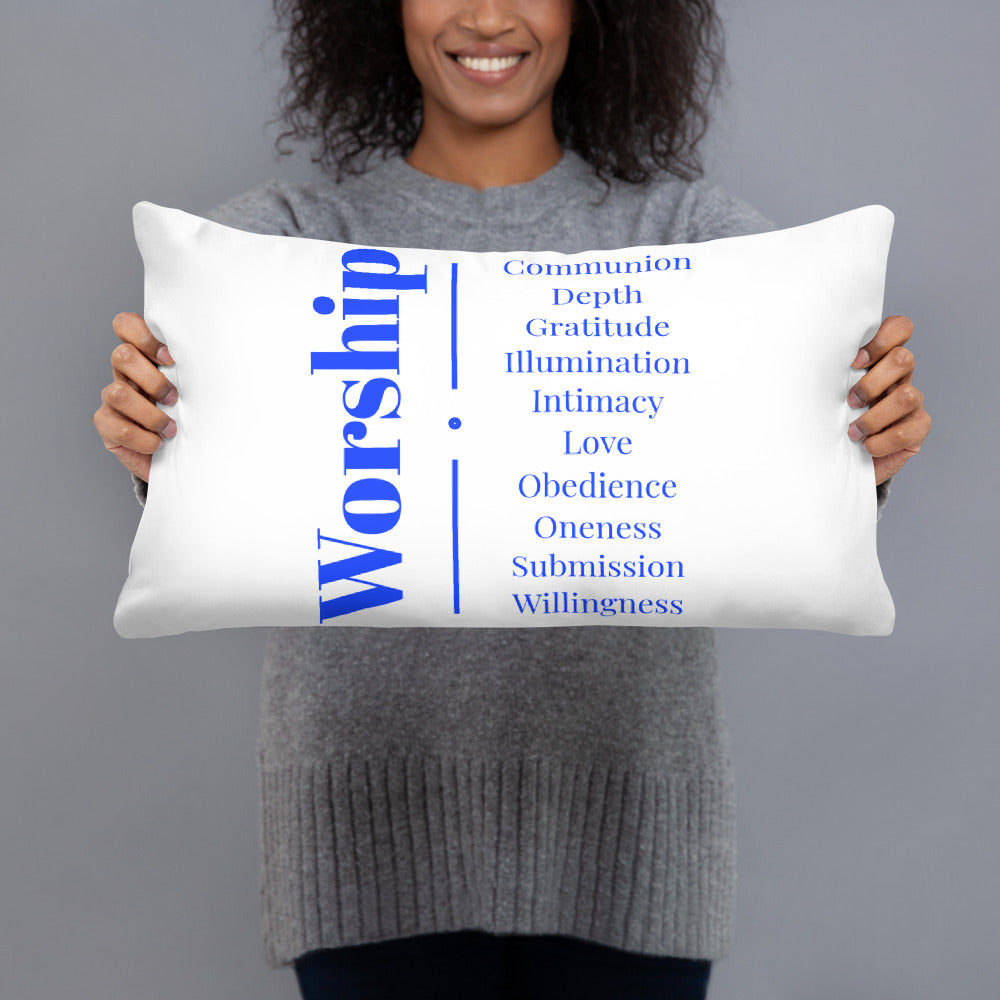 Worship inspirational square throw pillow - White/Blue