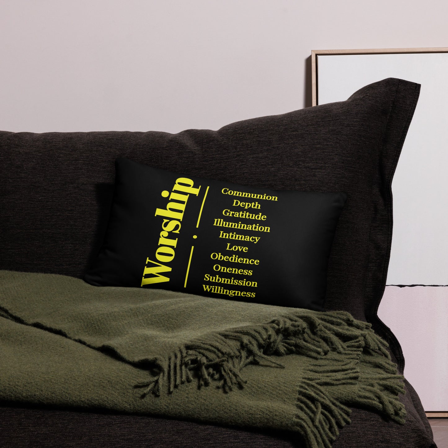 Worship inspirational square throw pillow - Black/yellow