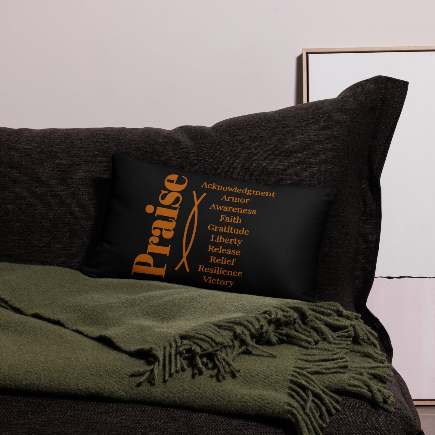 Praise inspirational square throw pillow - Earth/Black