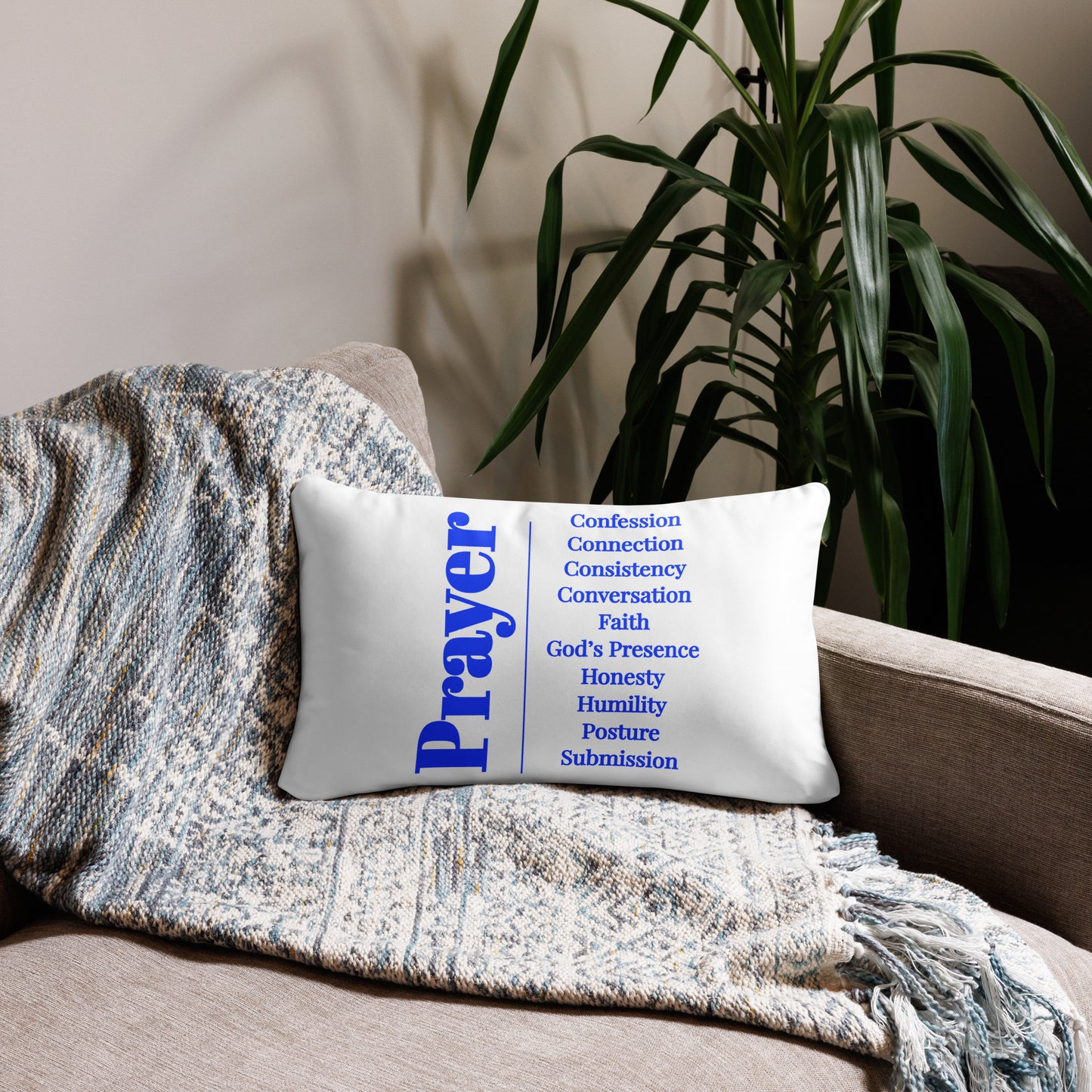 Prayer inspirational square throw pillow - White/Royal blue