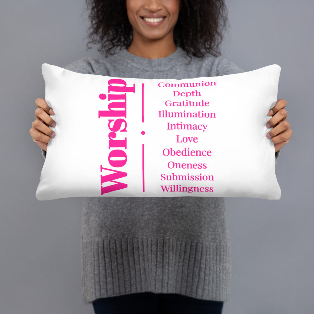 Worship inspirational square throw pillow - White/Berry Pink