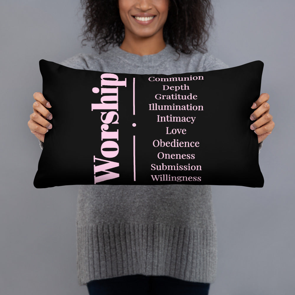 Worship inspirational square throw pillow - Black/Light Pink