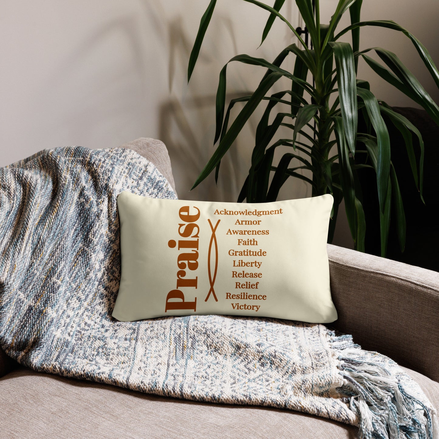 Praise inspirational square throw pillow - Earth/Cream