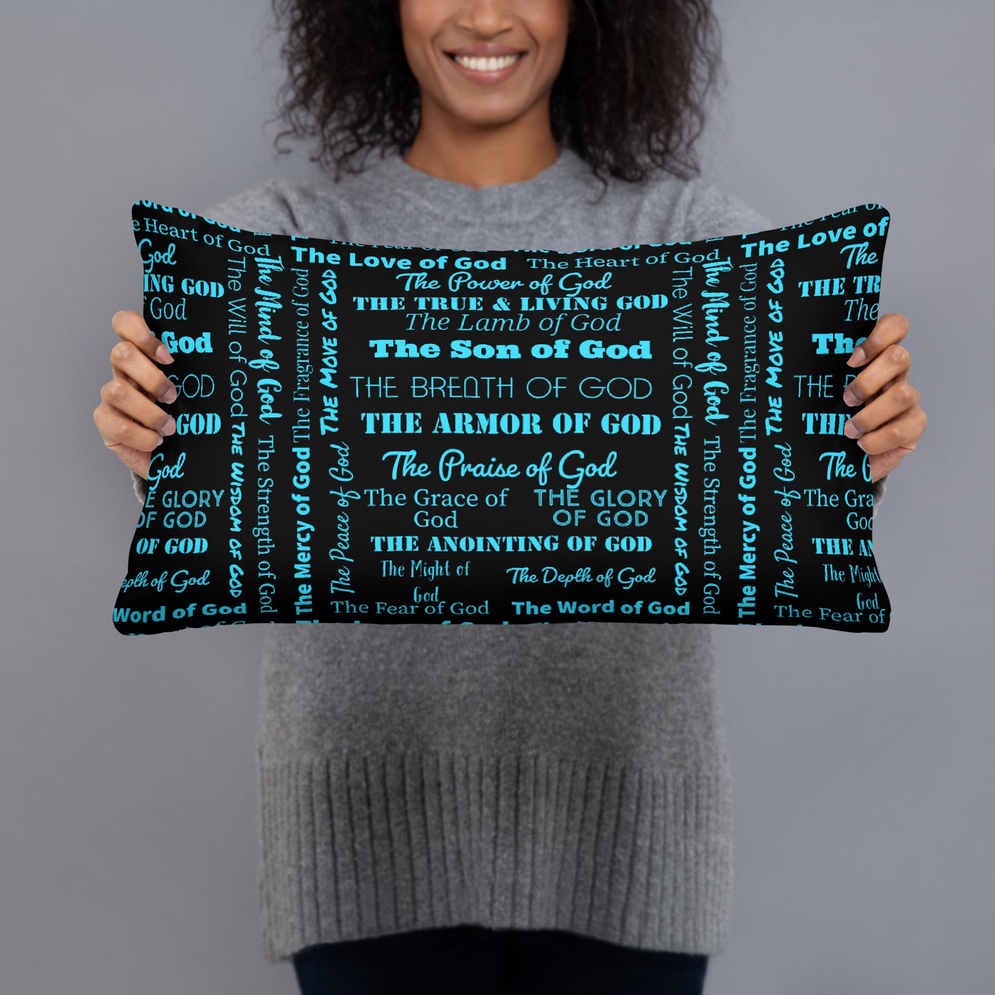 Attributes of God Fluffy Throw Pillow - Turquoise/Black
