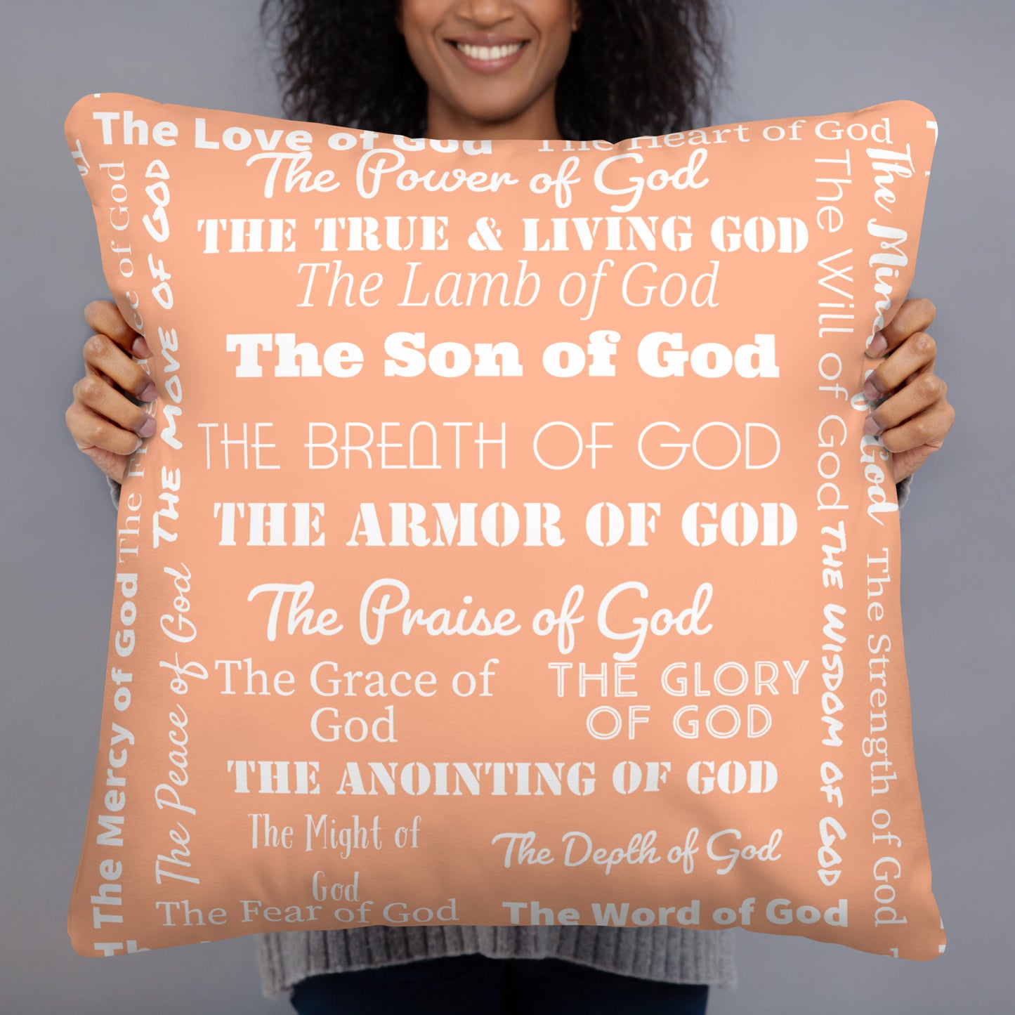 Attributes of God Fluffy Throw Pillow - Peach