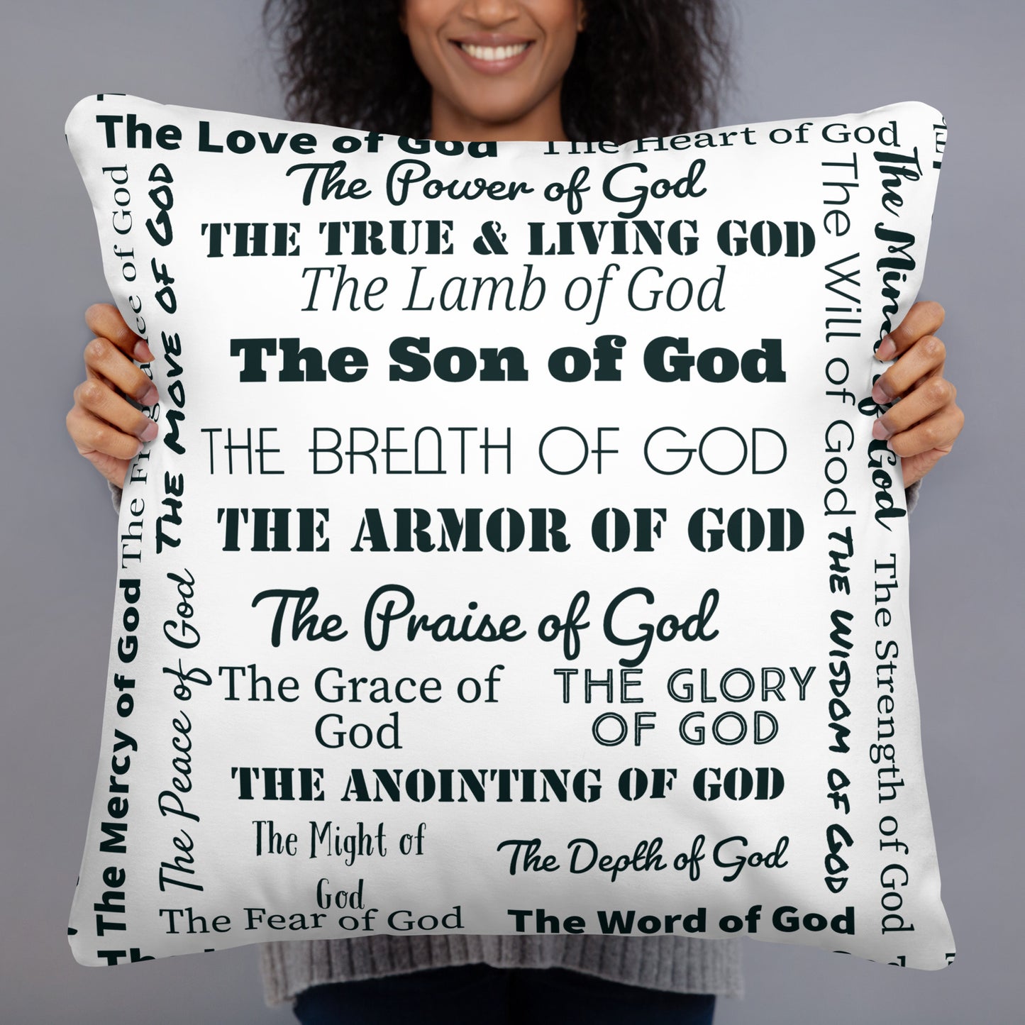 Attributes of God Fluffy Throw Pillow - White/Black