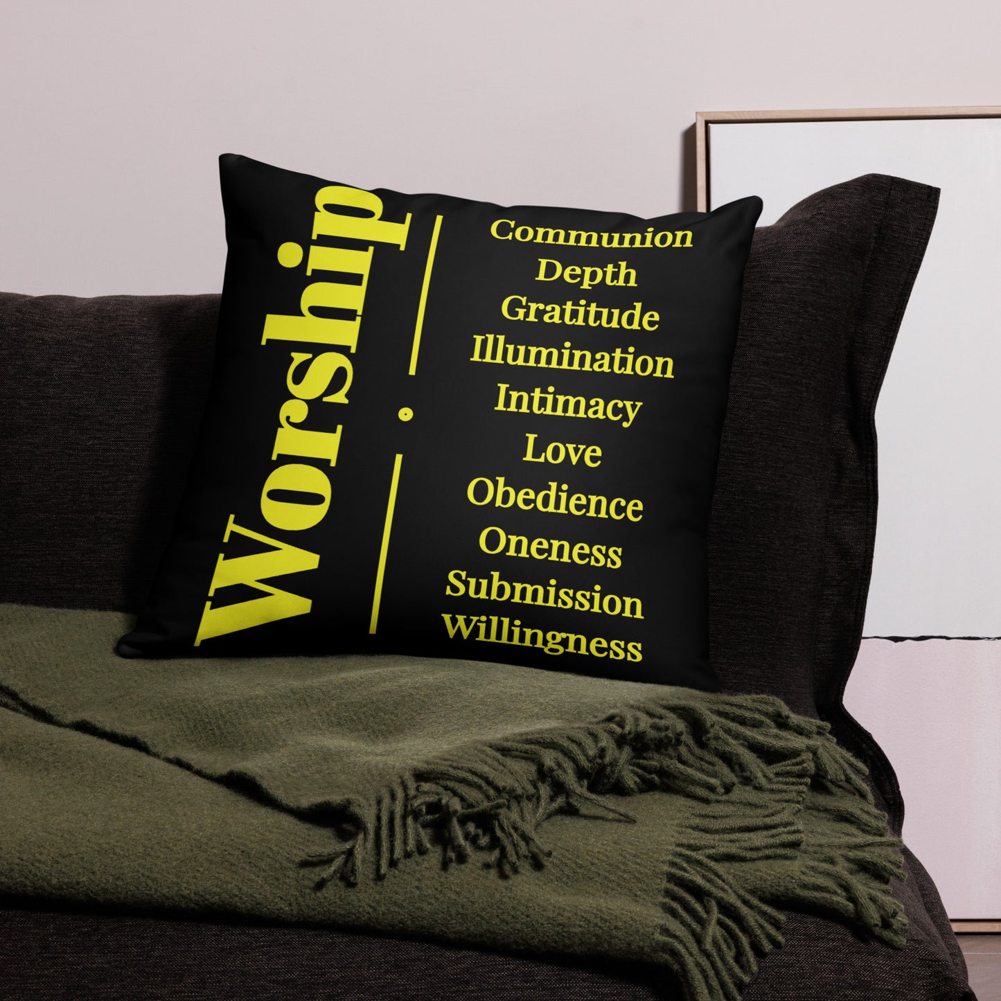 Worship inspirational square throw pillow - Black/yellow