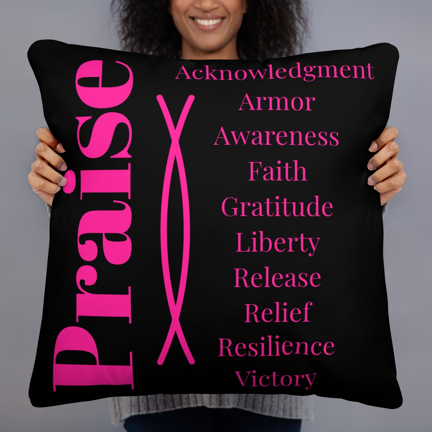 Praise inspirational square throw pillow - Pink Black