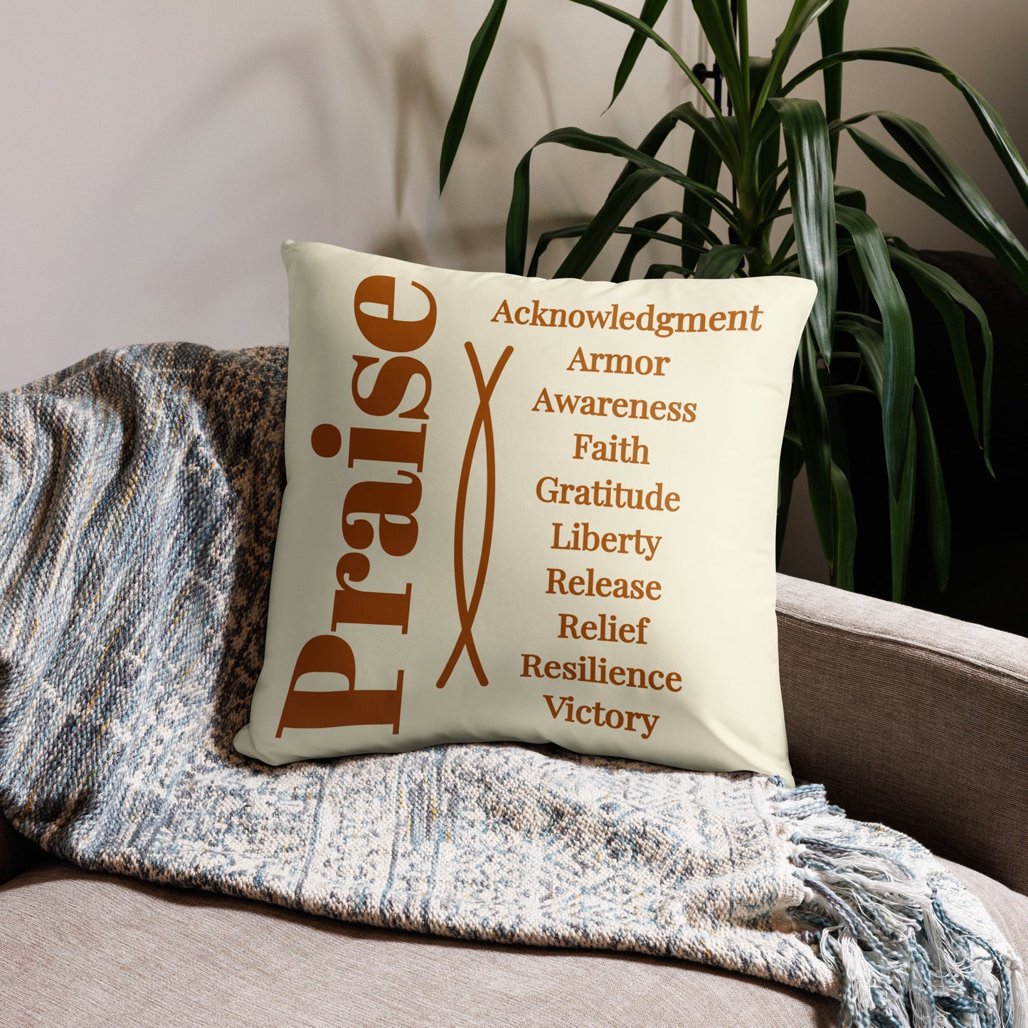 Praise inspirational square throw pillow - Earth/Cream