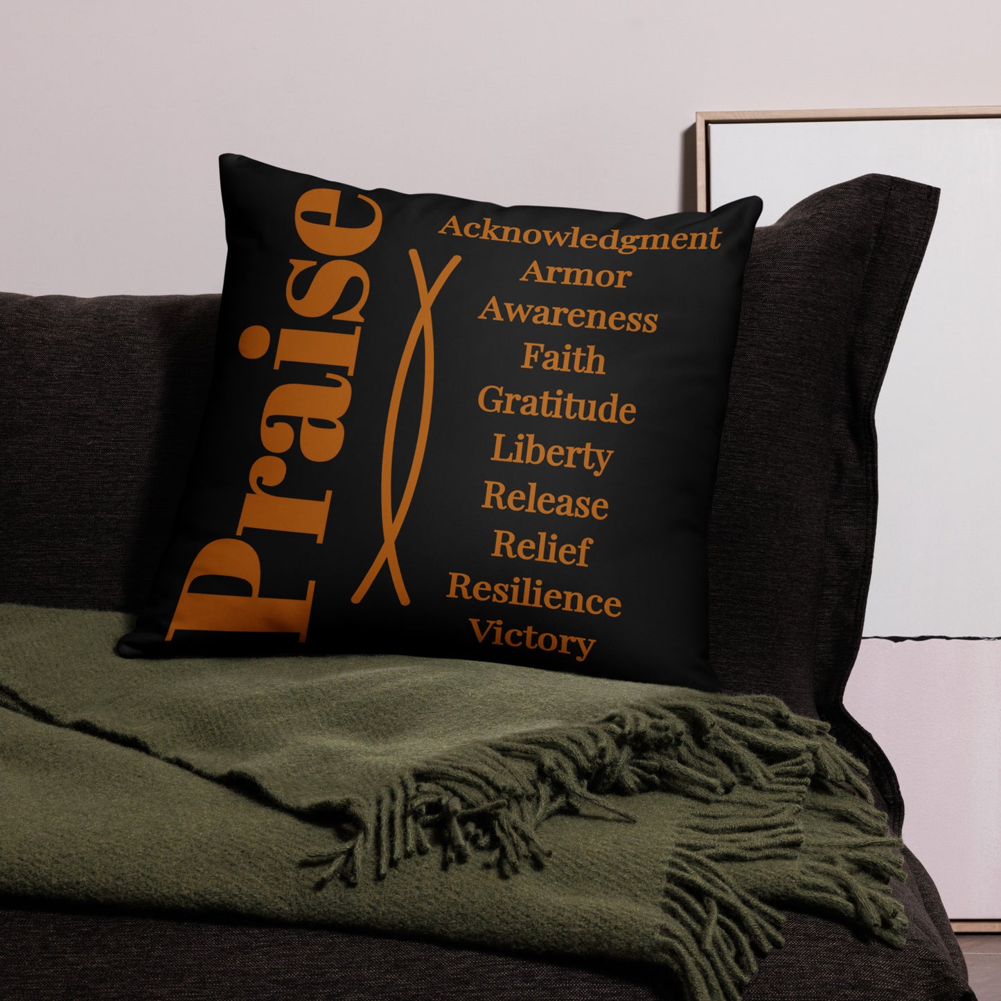 Praise inspirational square throw pillow - Earth/Black
