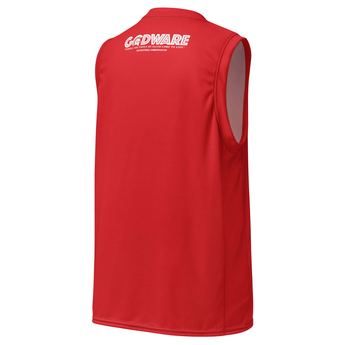 Red and white Pray Christian mesh basketball jersey, back view