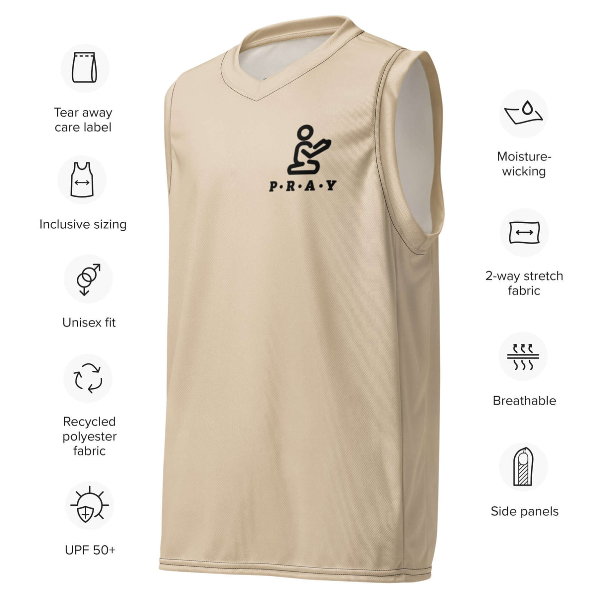 Beige Pray Christian mesh basketball jersey, front view