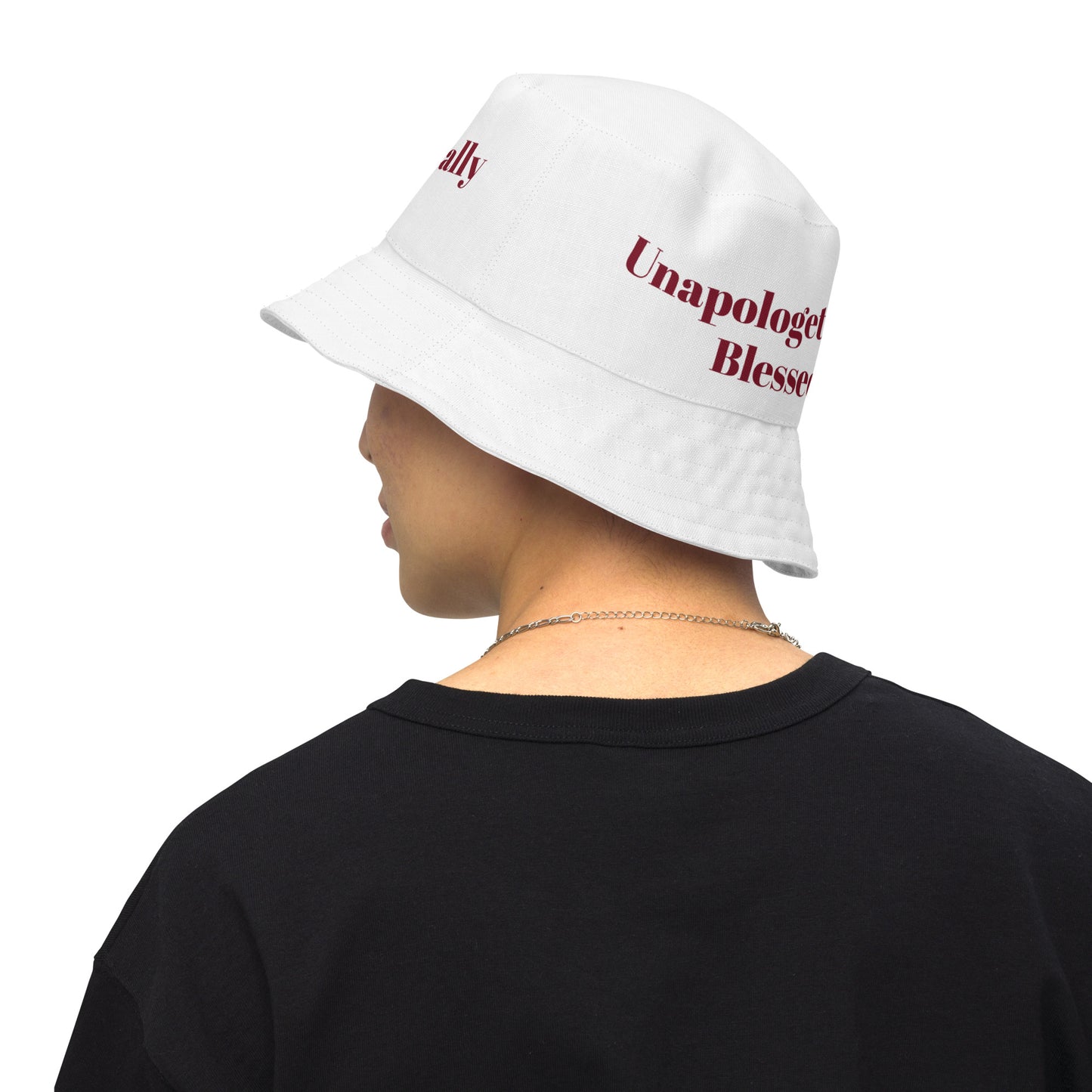 Unapologetically Blessed bucket hat - White w/Maroon/Burgundy print