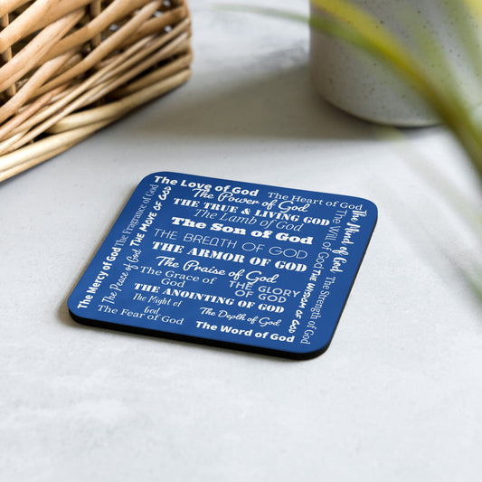 Attributes of God cork back coaster  - Royal blue & white