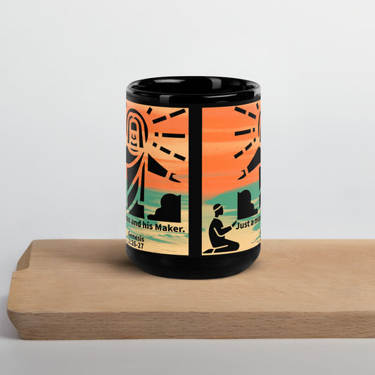 orange and black mug with a man and Jesus image sitting on a shelf