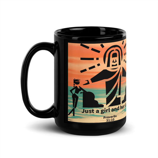 black and orange glossy ceramic mug with image of Jesus and woman standing