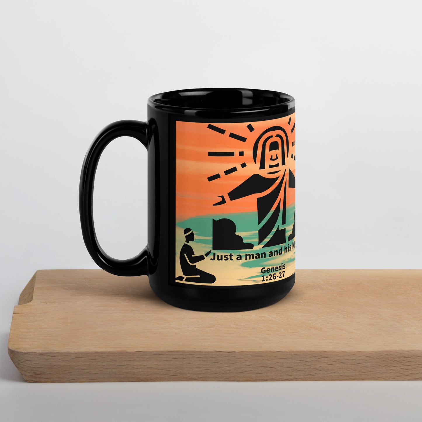 orange and black mug with a man and Jesus image sitting on a shelf
