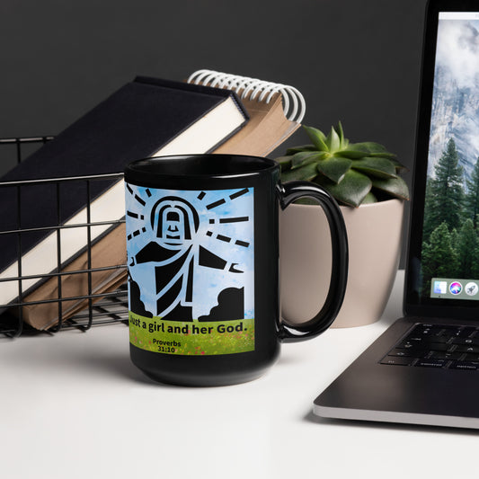 black and sky blue glossy ceramic mug sitting on a desk with image of Jesus and woman