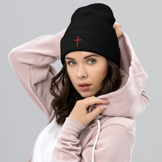 Red Cross Beanie | Christian Embroidered Winter Hat | GodWare